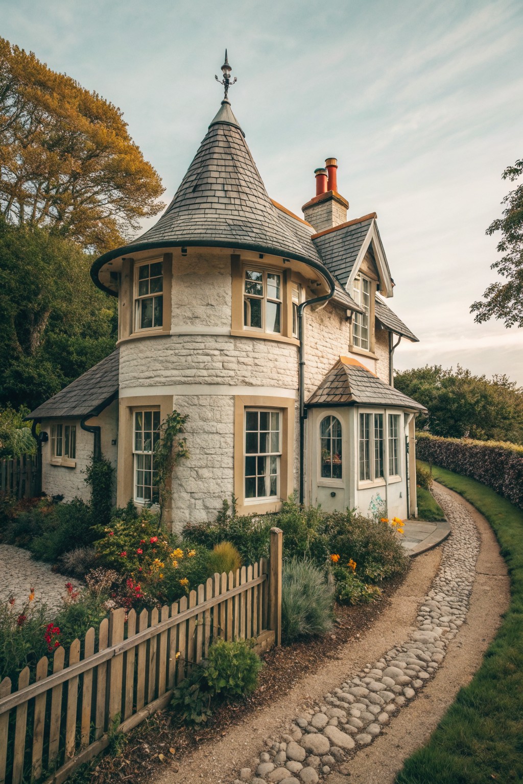 A white stone cottage exterior featuring a prominent round tower with a conical gray shingle roof, multiple windows, and a gravel path leading through a garden with a wooden picket fence.