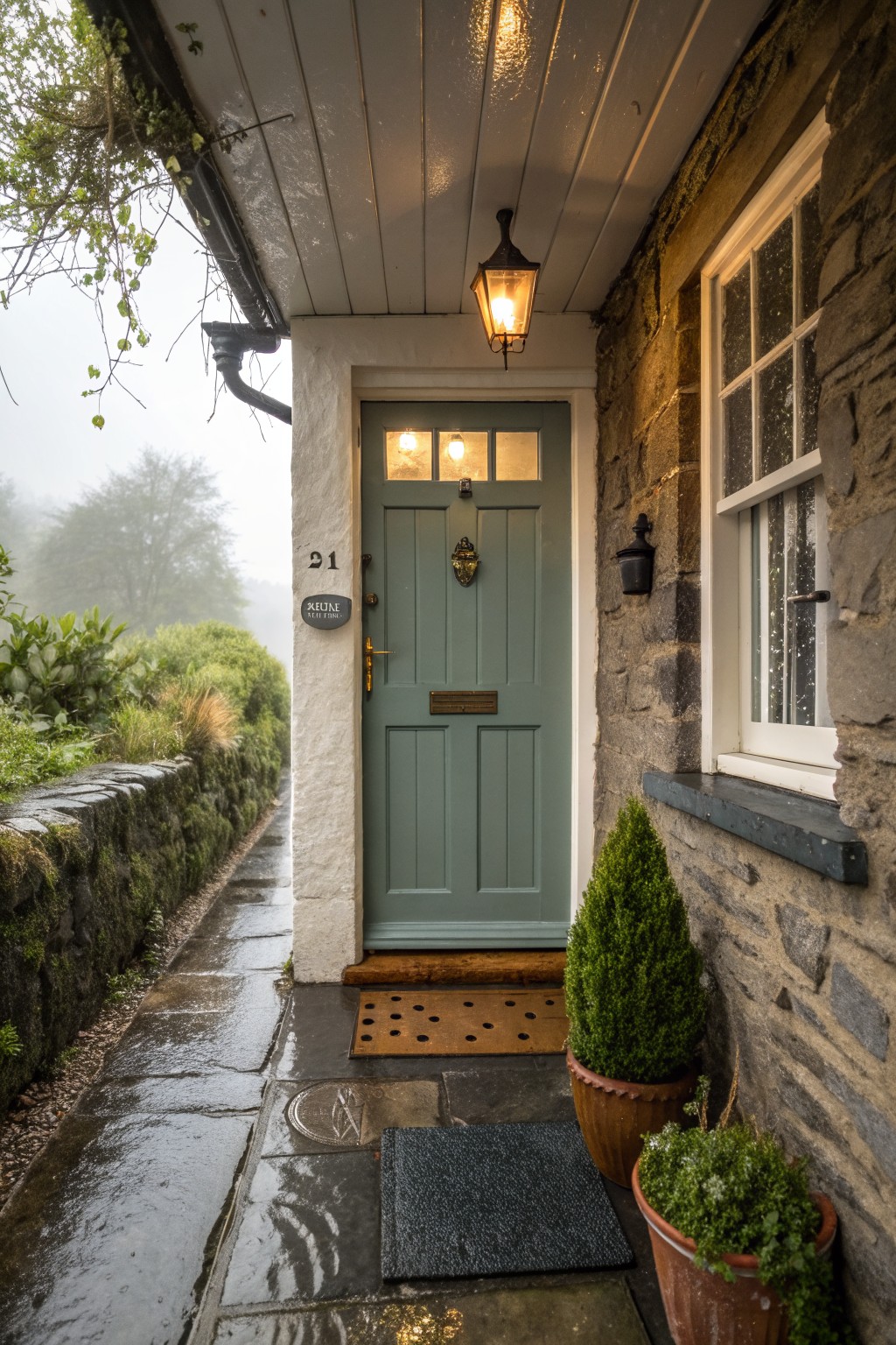 A sage green paneled door with a lit lantern above it on a stone cottage exterior, flanked by potted plants and a wet stone path.