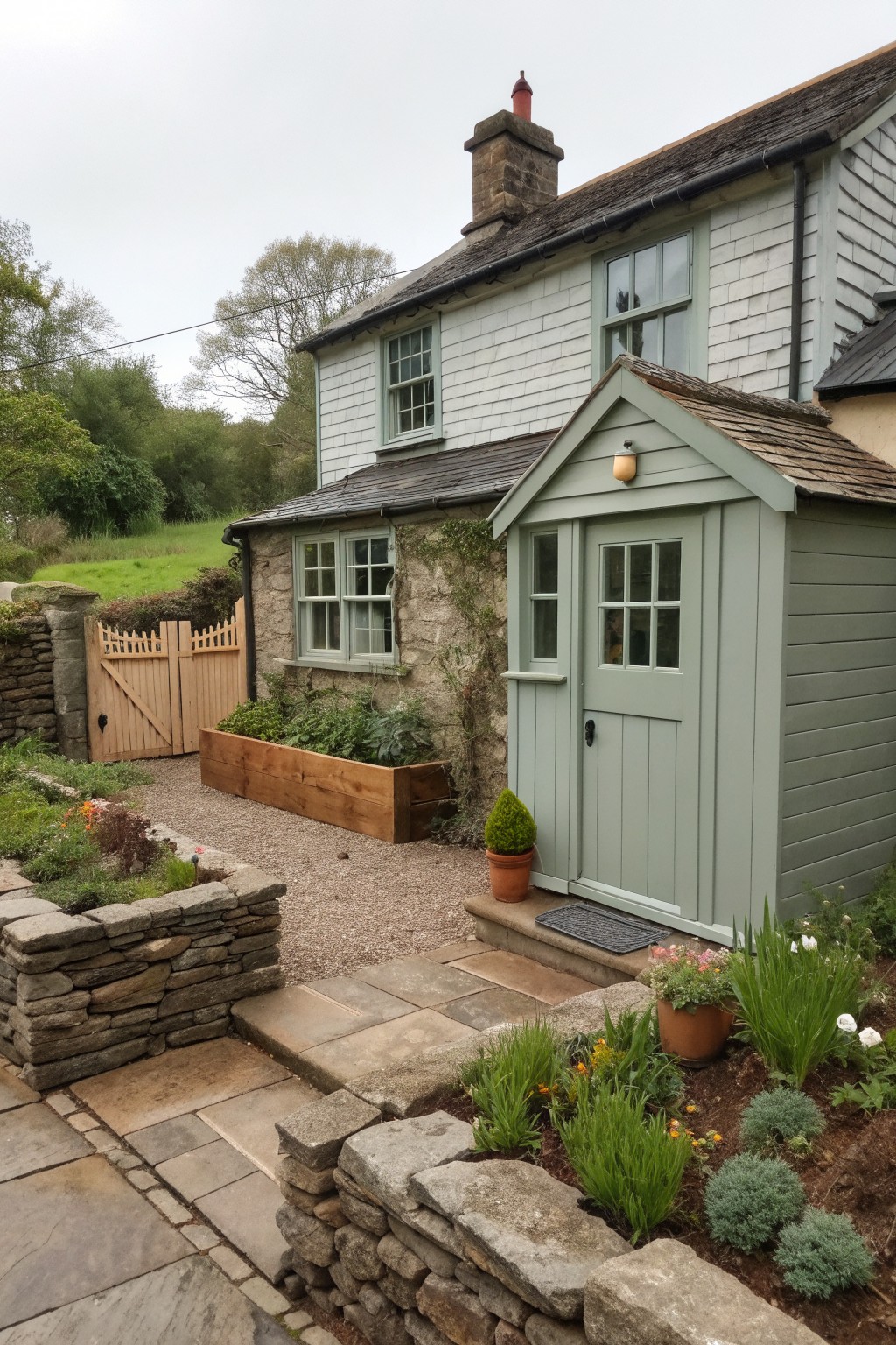 Charming stone cottage with green door, chimney, gravel path, and garden