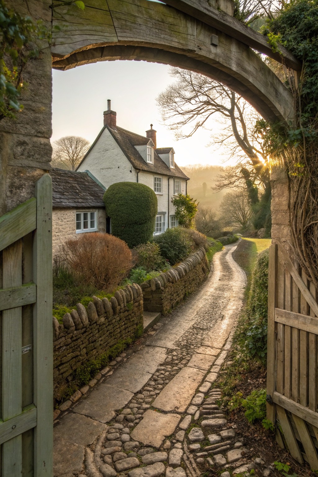 A stone archway with open wooden gates frames a cobblestone path leading toward a white cottage with a dark roof.