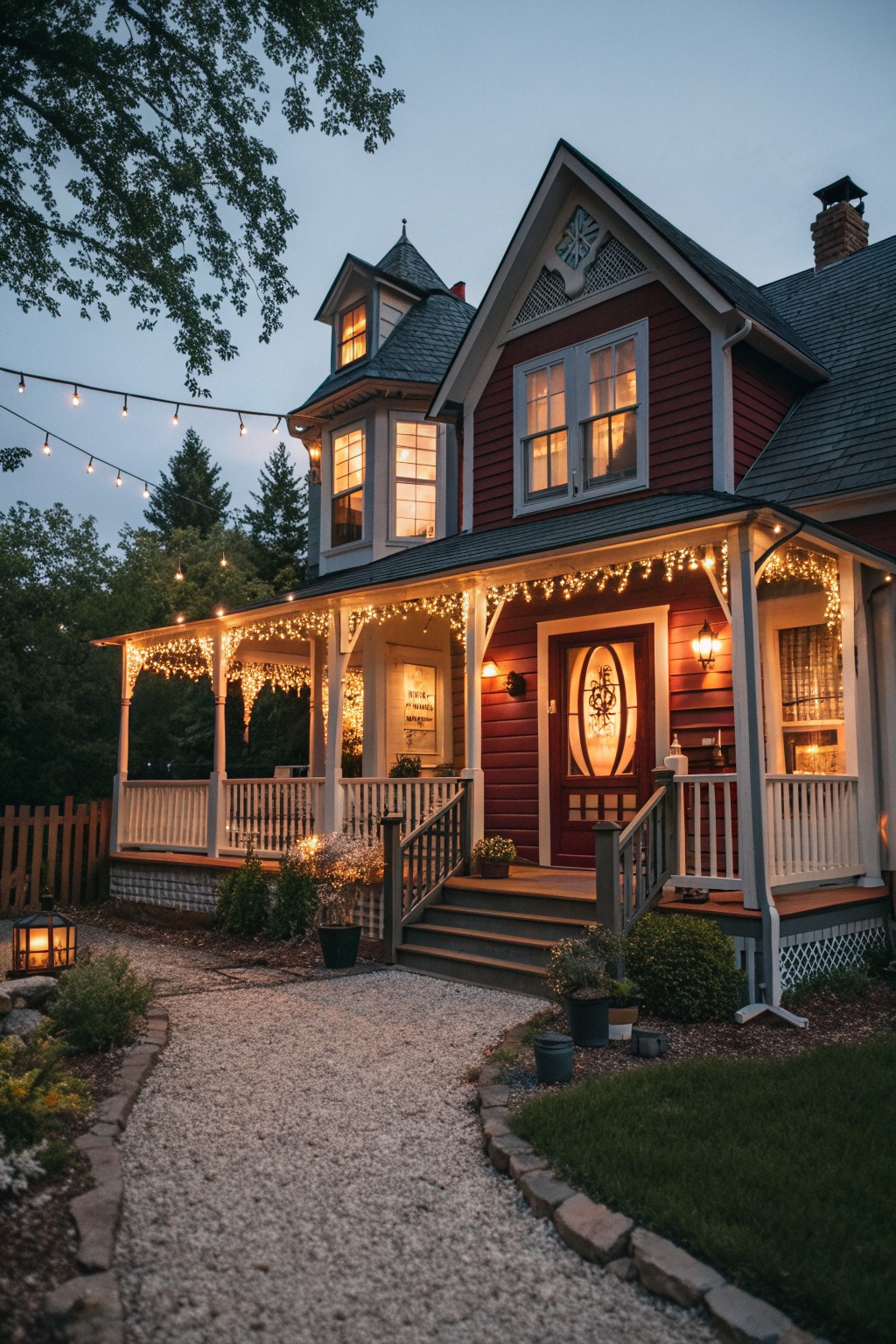 A red Victorian farmhouse with a wraparound porch outlined in string lights at dusk, a gravel path leading to the front steps.