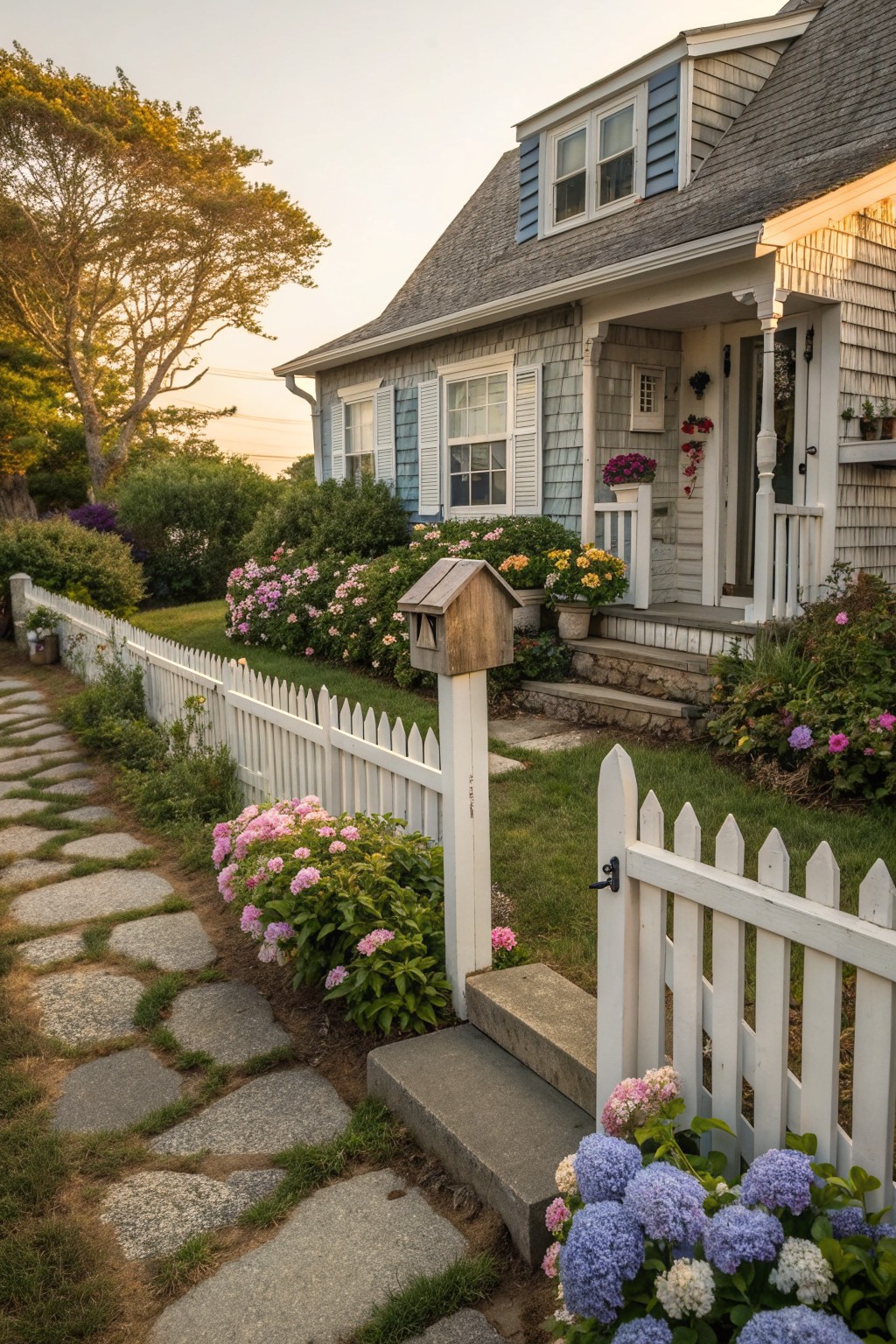 A gray shingled cottage exterior with blue shutters, a white picket fence, a stone path, and flower beds leading to the front porch.