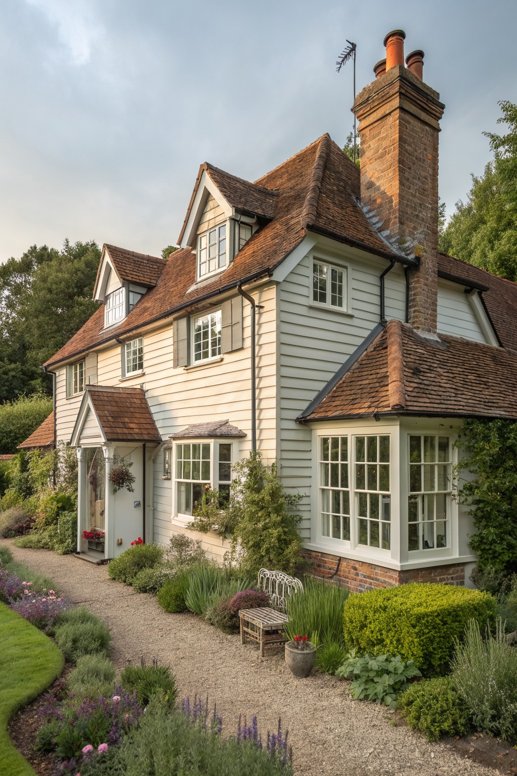 Charming white cottage with brown tiled roofs, brick chimney, and lush garden.