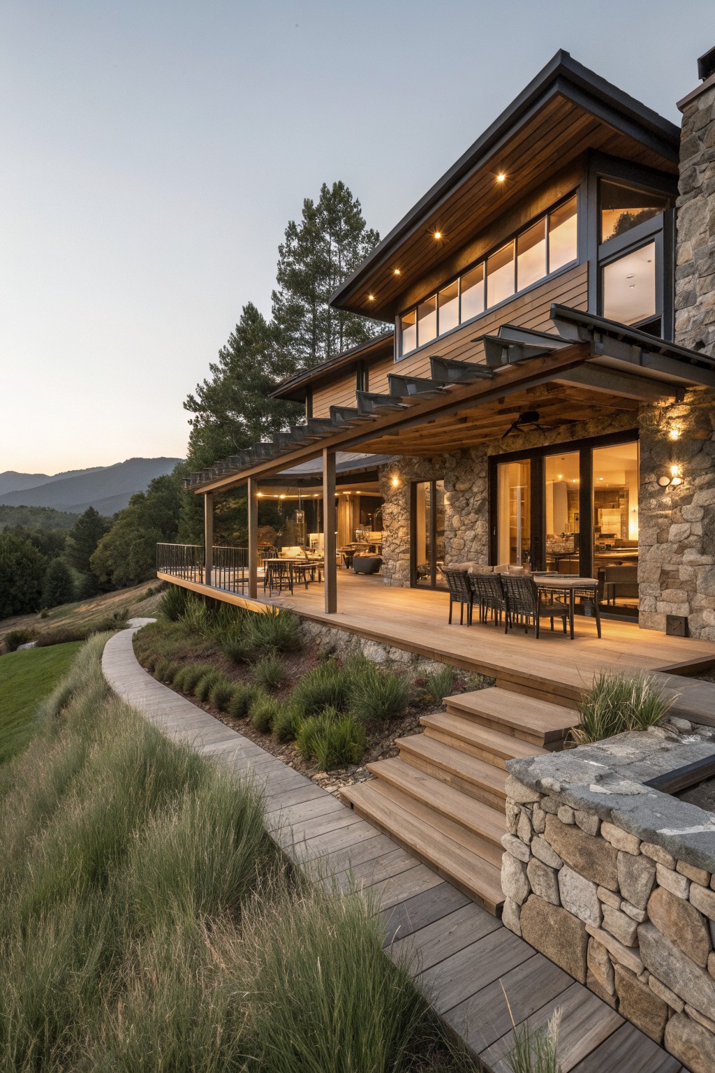 Modern wooden and stone home with large deck overlooking forested mountains at dusk
