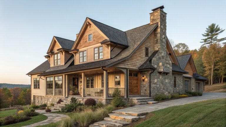 20 Striking Mountain Farmhouse Exteriors Built Around Stone and Timber A large wooden mountain farmhouse with a prominent stone chimney, multiple gables, and stone retaining walls, viewed from a stone pathway in a grassy setting.
