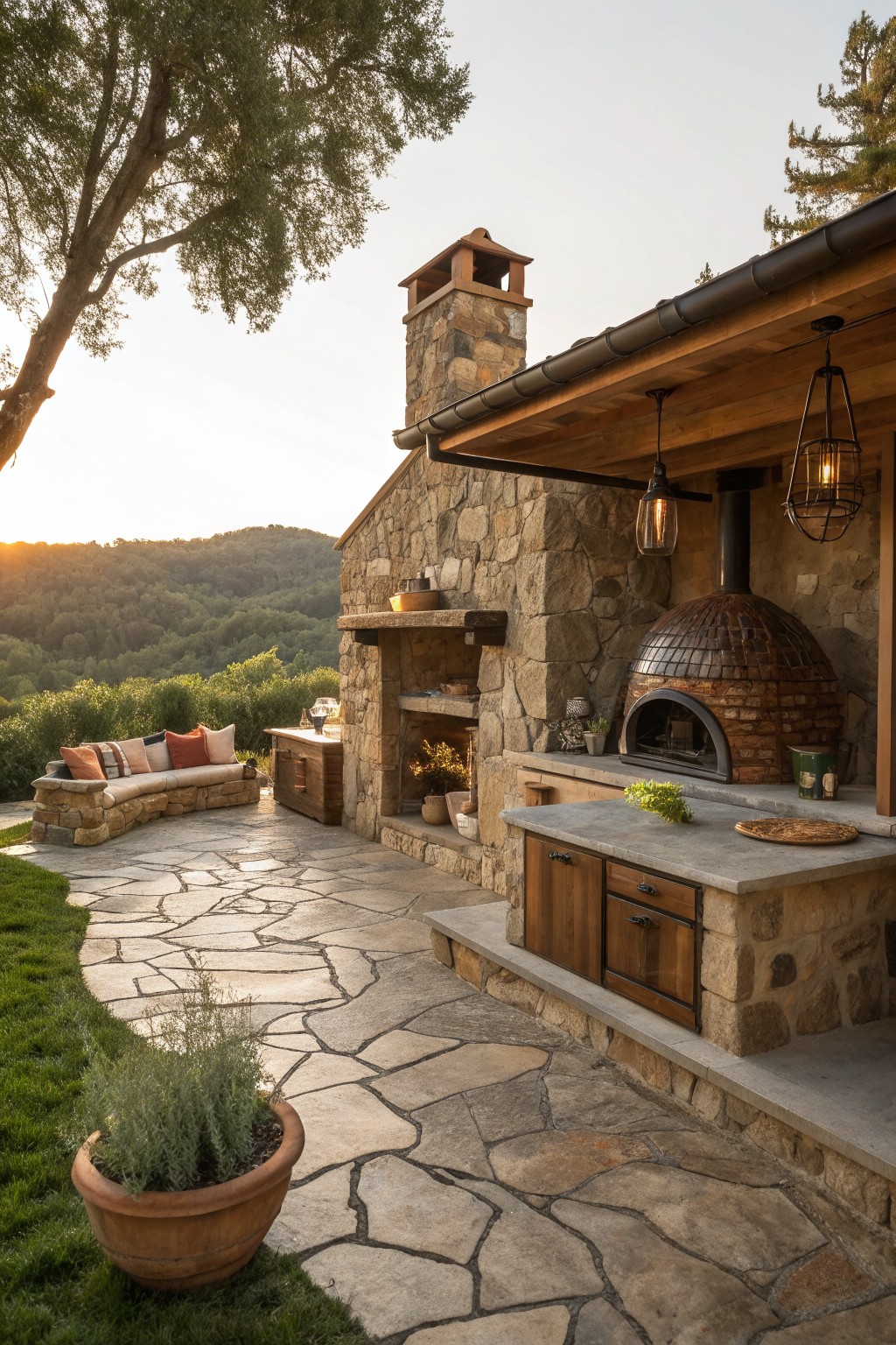 Stone outdoor kitchen with pizza oven on flagstone patio overlooking green hills at dusk