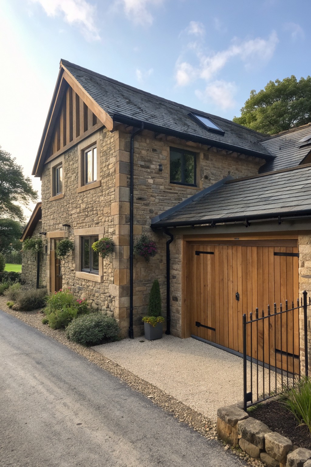 Stone house with wooden garage door on gravel driveway amid flower pots