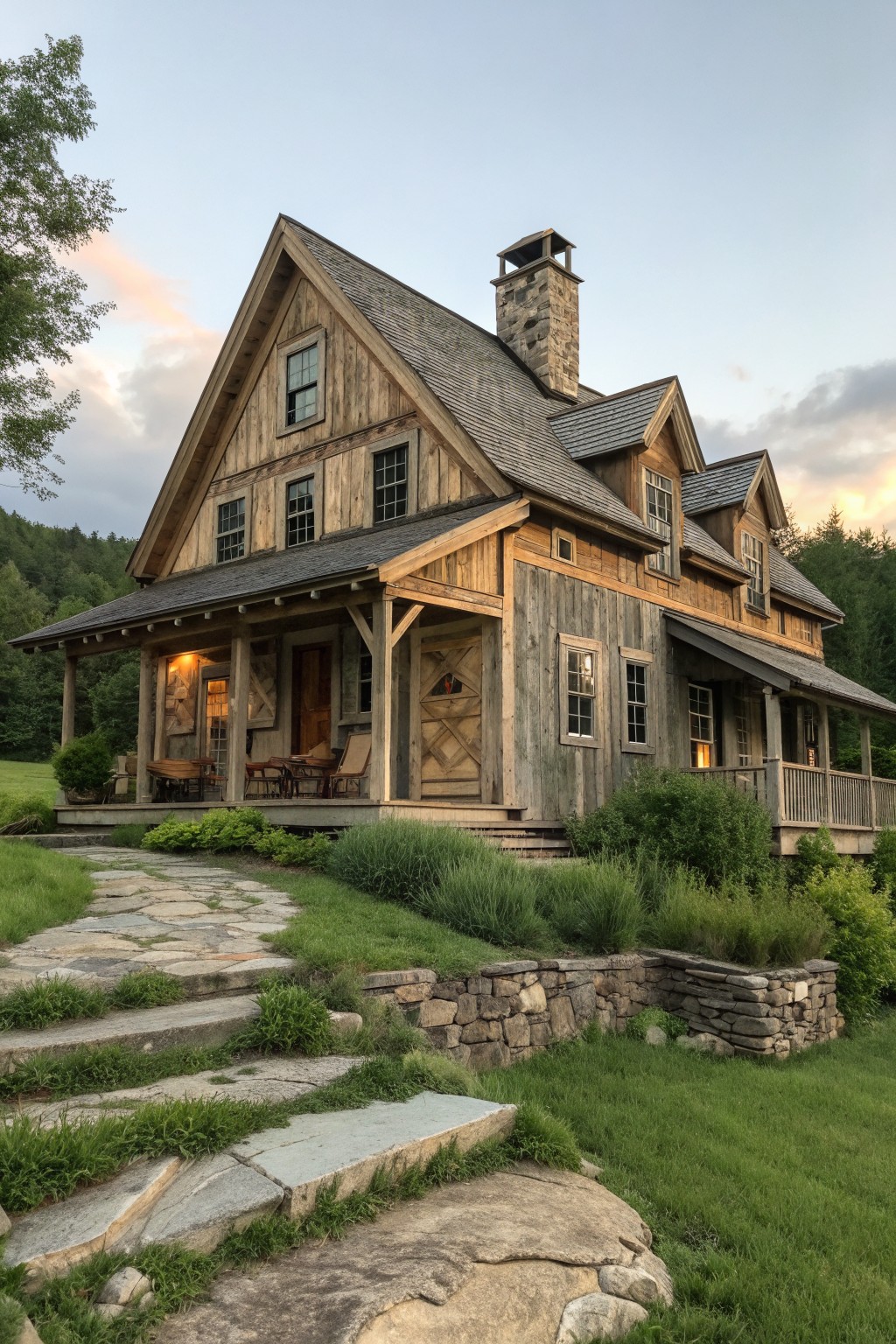 A large wooden mountain farmhouse with a prominent stone chimney, multiple gables, and stone retaining walls, viewed from a stone pathway in a grassy setting.