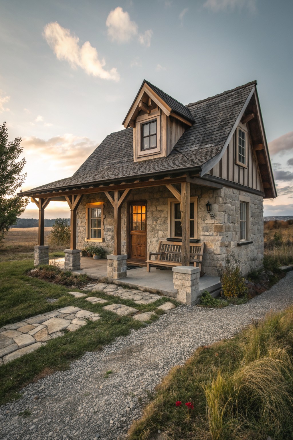 Rustic stone cottage with wooden porch, bench, and gravel path in countryside at sunset