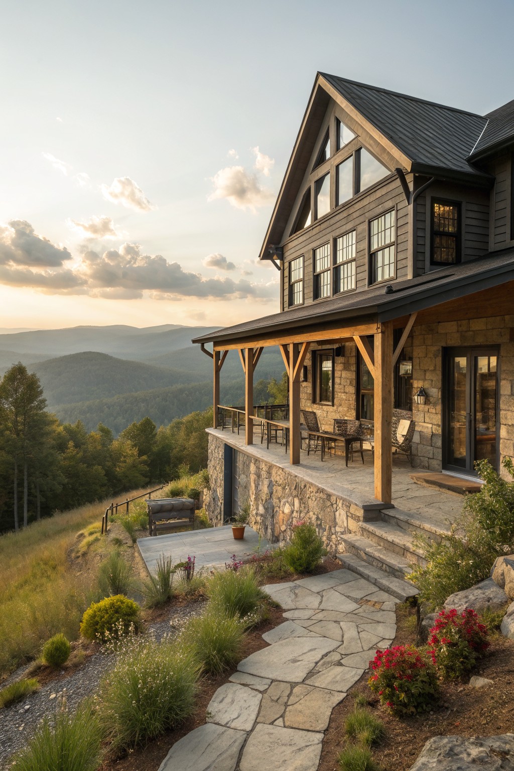 A large mountain farmhouse with a stone foundation, wood siding, timber porch supports, and a metal roof overlooking forested hills at sunset.