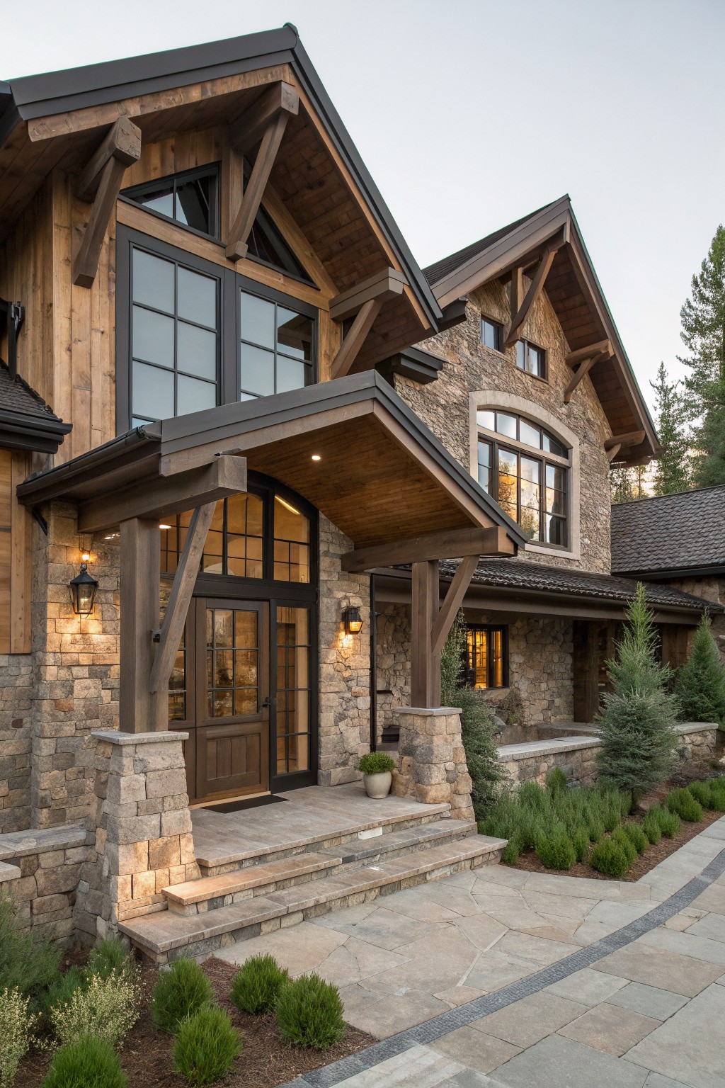 A mountain farmhouse exterior with a covered entry porch supported by large timber beams on stone pillars, stone and wood siding, and stone steps leading to a wooden door.