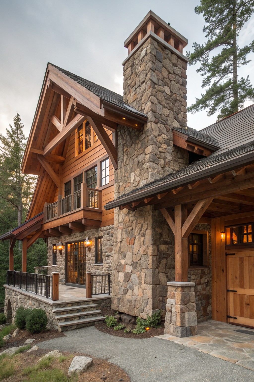 Luxurious wooden mountain home with tall stone chimney, balconies, and stone-paved driveway at dusk.