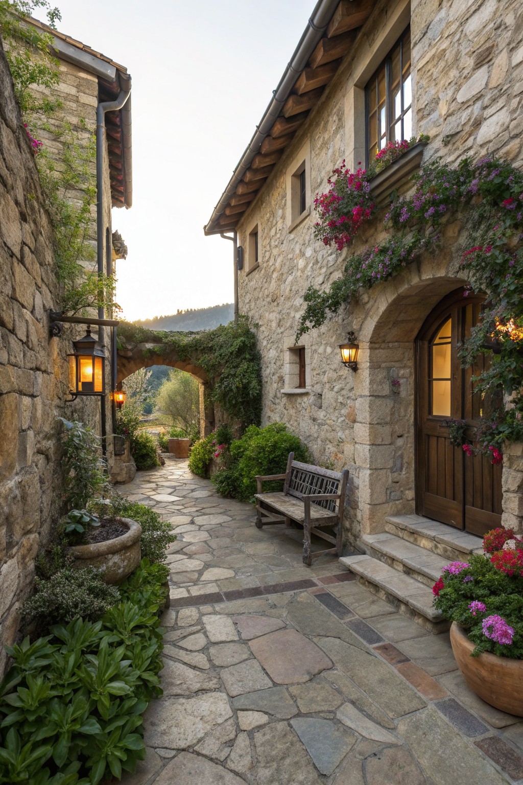 A stone pathway leads past a rustic stone house with a wooden door under an arched entry, wooden window frames, and climbing flowers along the walls.