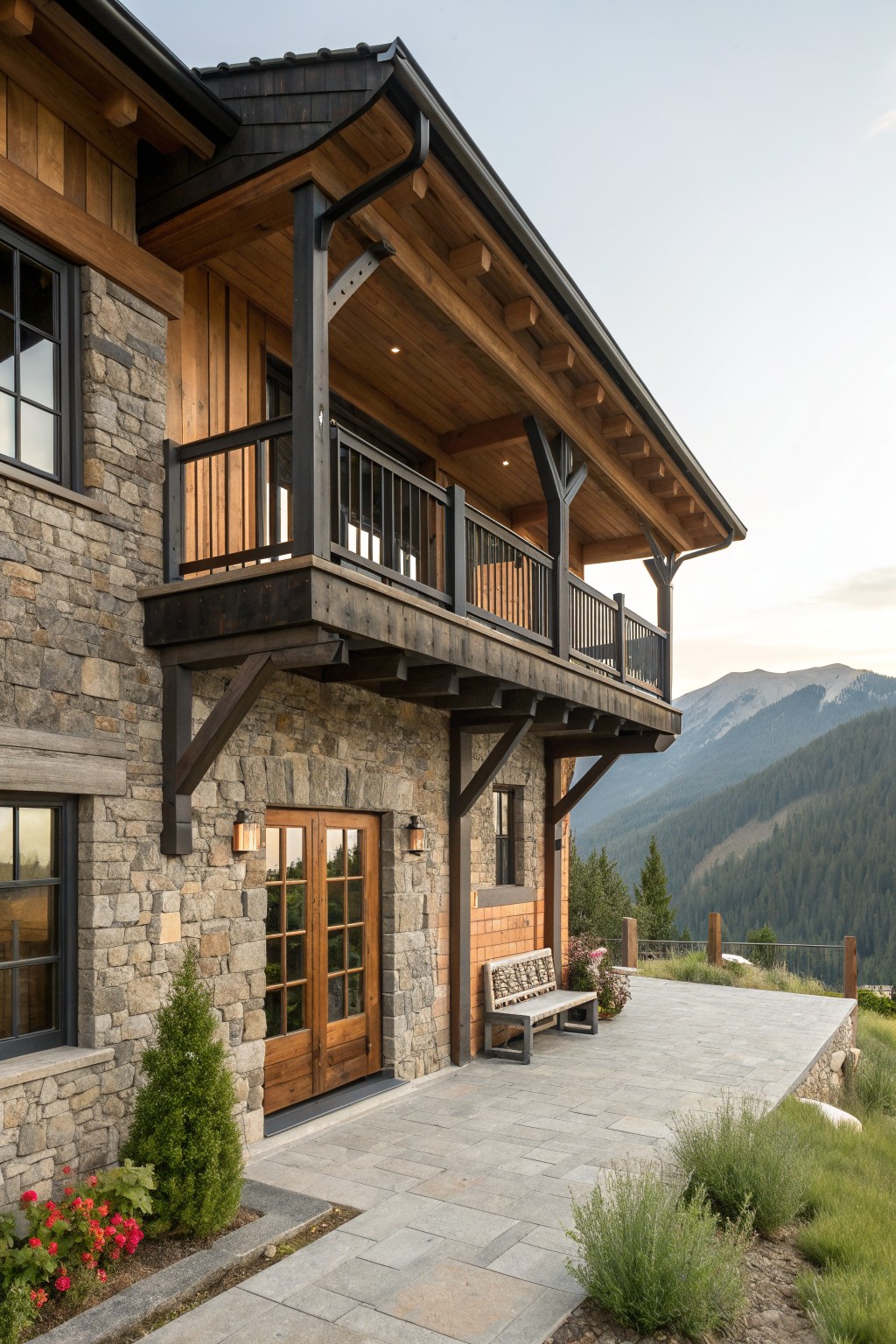 A mountain farmhouse exterior with stone walls, wood siding, a timber-supported balcony, double entry doors, and a stone patio overlooking mountains.
