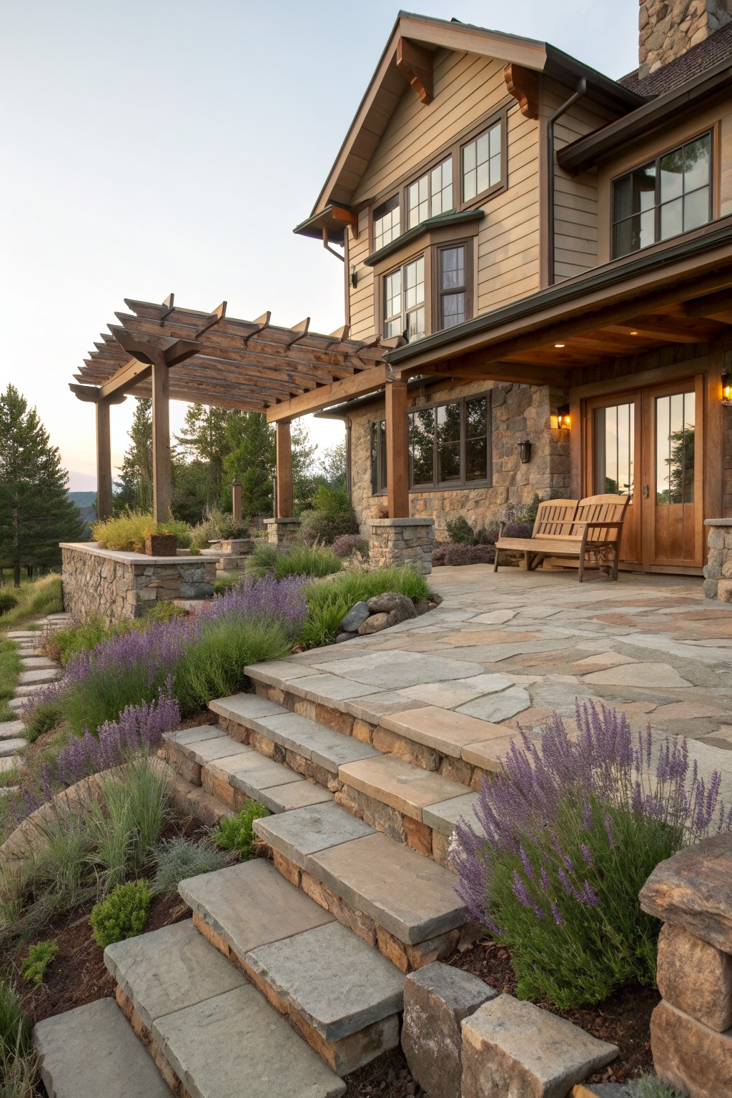 A mountain farmhouse with stone walls on the lower level, light wood siding above, heavy timber posts and beams, a covered porch, and wide stone steps leading to a stone patio.