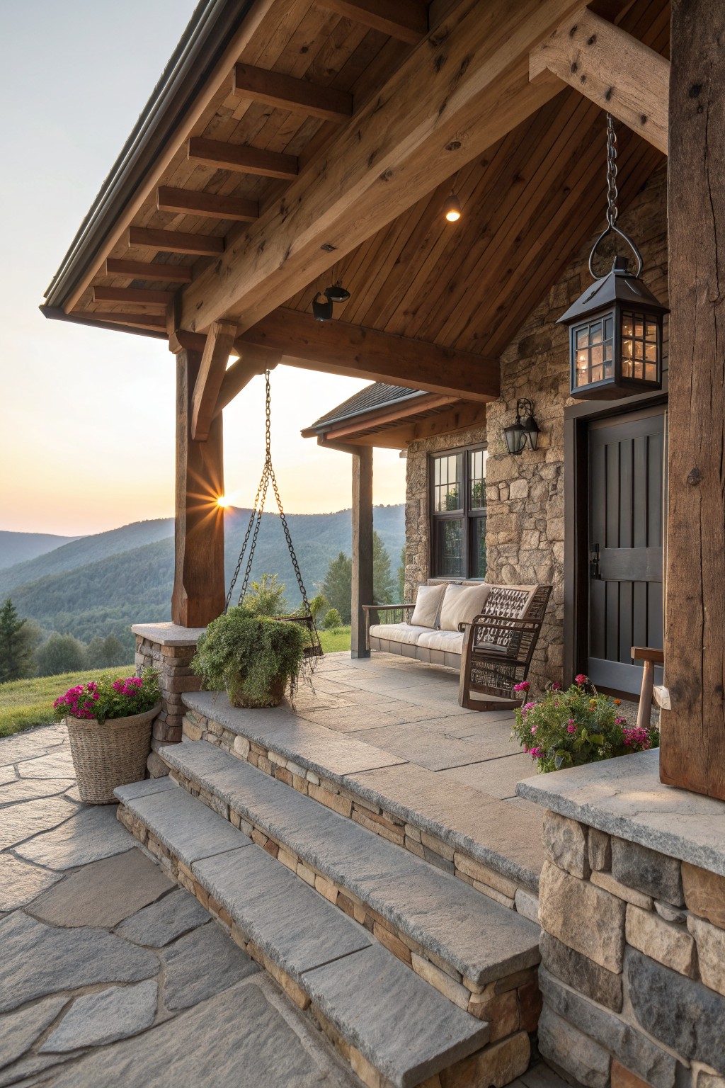 A covered stone and timber porch with seating, steps, and a hanging lantern on a mountain farmhouse at sunset.