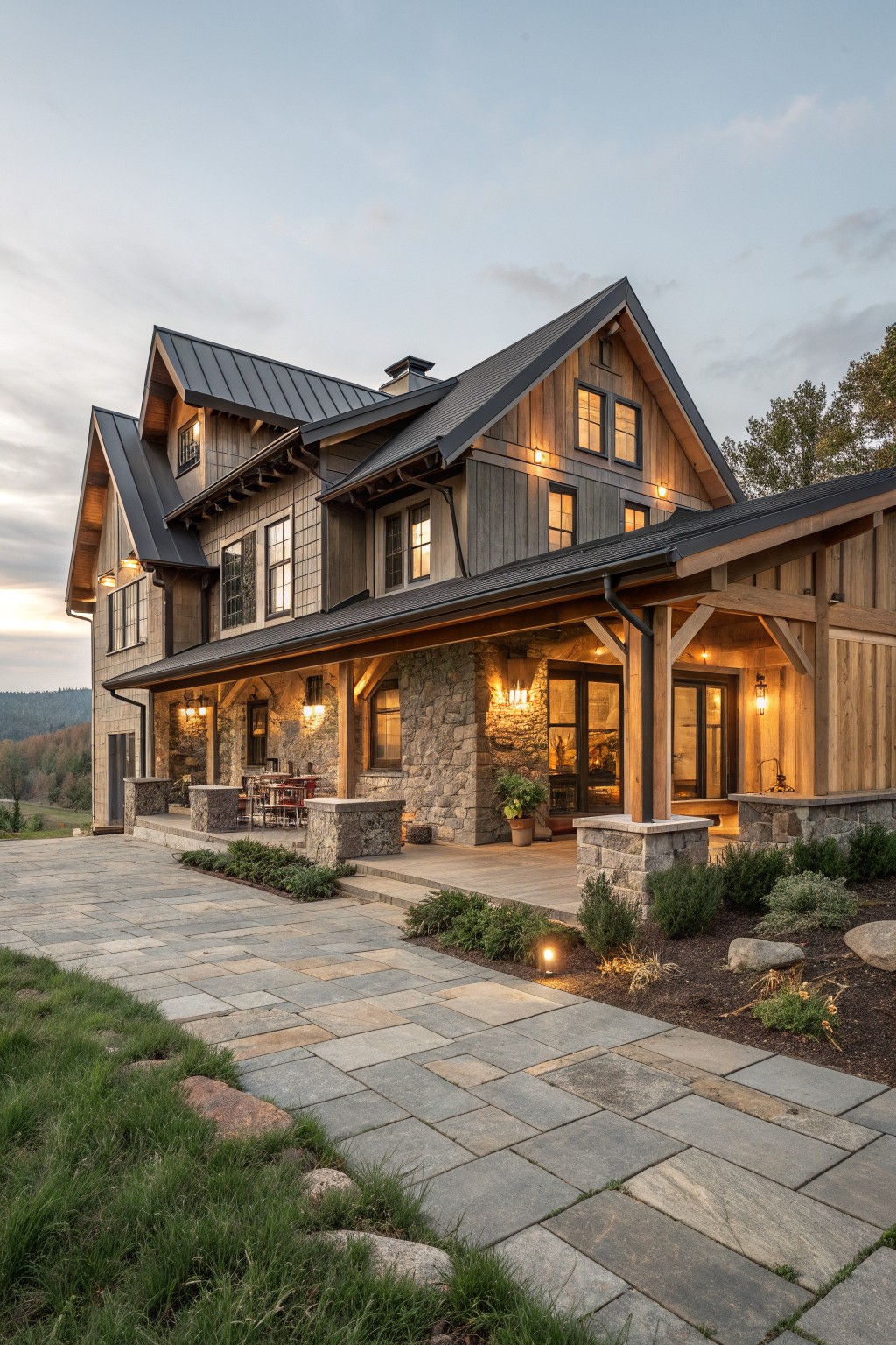A large mountain farmhouse exterior featuring stone walls on the lower level, wooden siding and beams above, a covered timber porch, and a stone-paved driveway area.