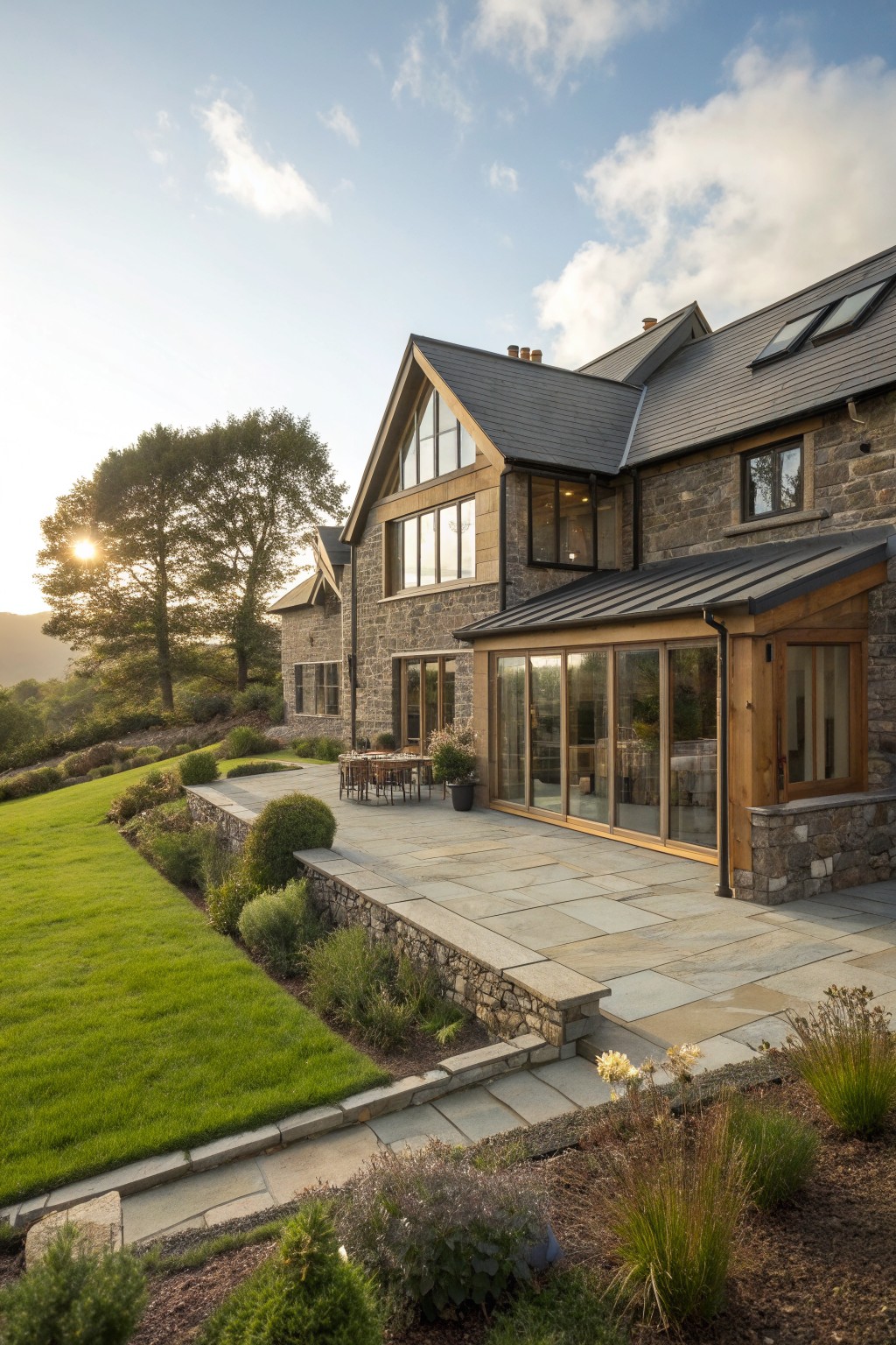 Stone house with glass patio doors overlooking green hills at sunset