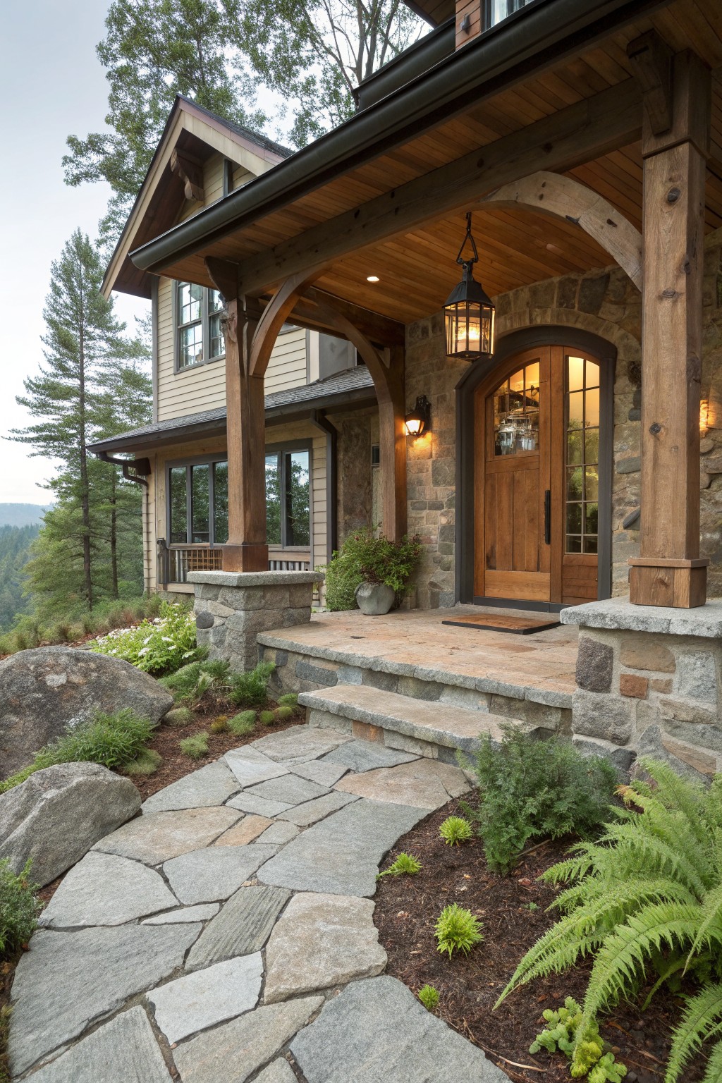 A mountain farmhouse porch with heavy timber posts on stone pillars, a wooden front door set in a stone arch, and a flagstone path leading up to the steps.