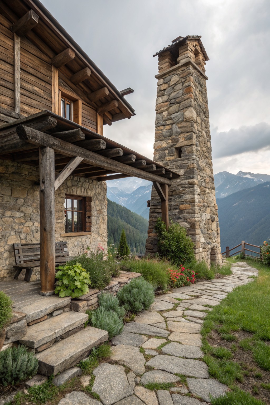 A mountain farmhouse with a tall stone chimney, wooden siding and beams, a covered porch with steps, and a stone path leading past shrubs toward a mountain backdrop.