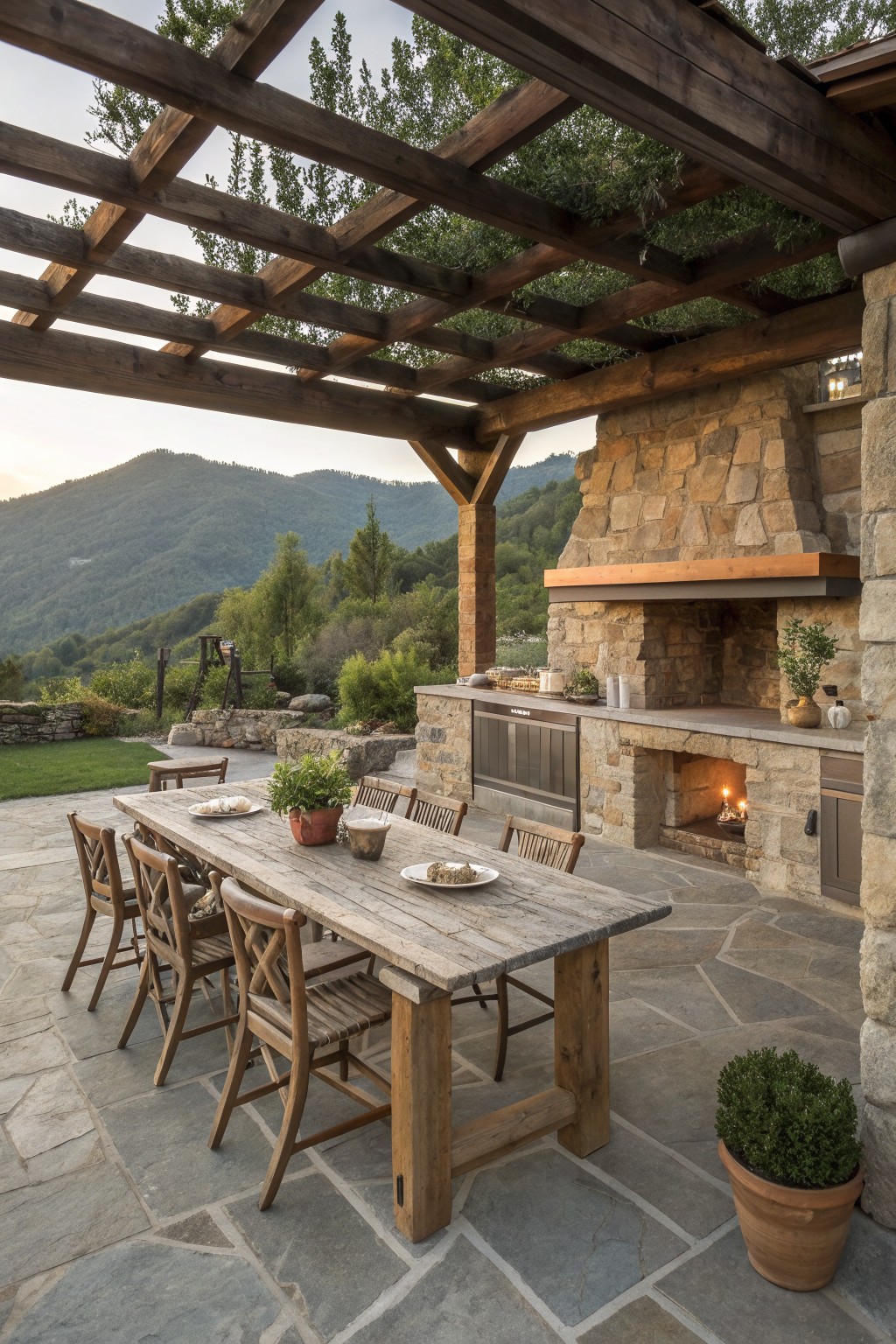 A covered stone and timber patio features a long rustic dining table with wooden chairs, a large built-in stone fireplace with a fire lit, and a potted plant in the foreground overlooking mountains.