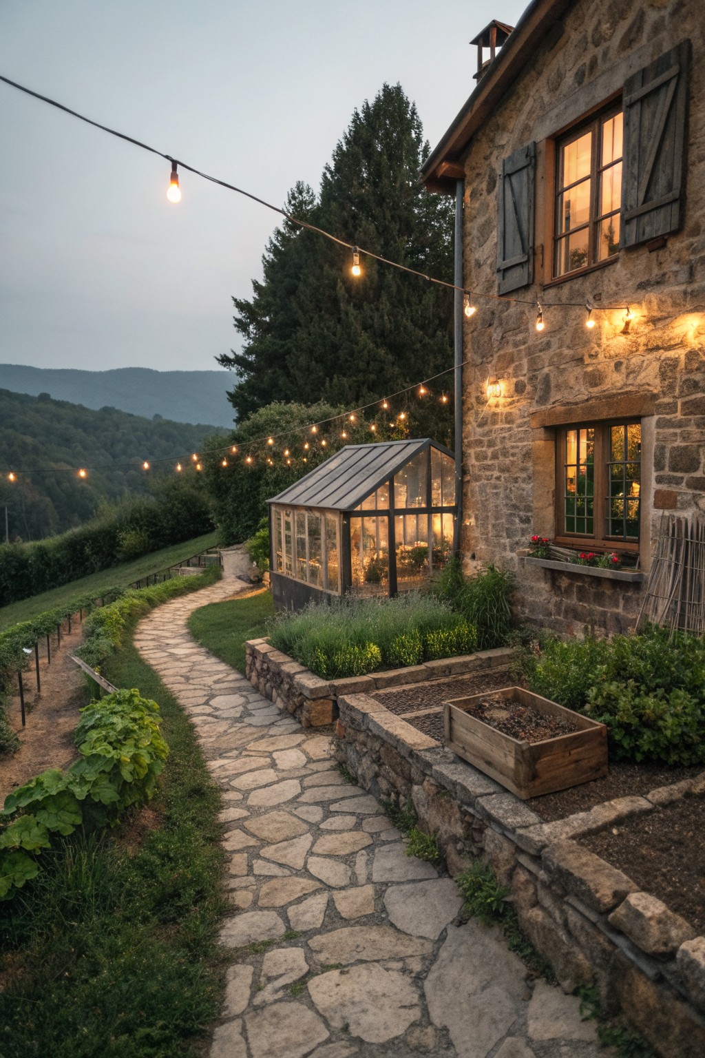 A stone farmhouse with a curving flagstone path leading past raised garden beds and a small greenhouse, with string lights overhead.