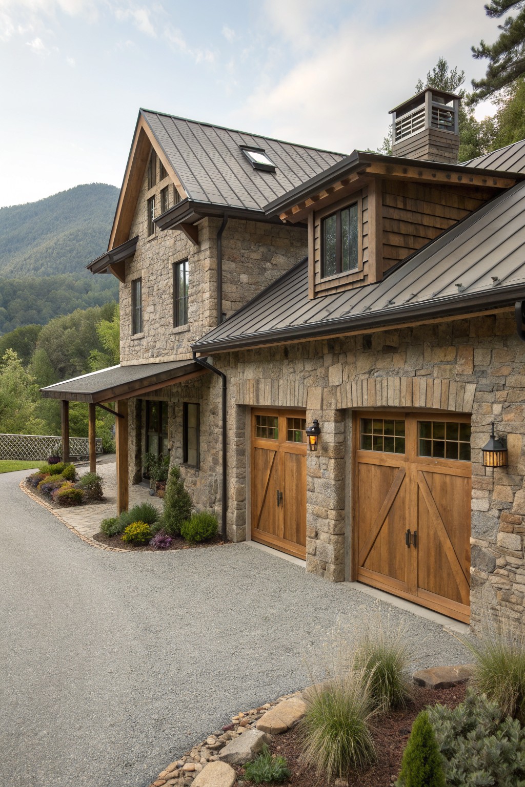 A two-story stone mountain farmhouse with wooden garage doors, a metal roof, and timber accents set against a forested hillside.