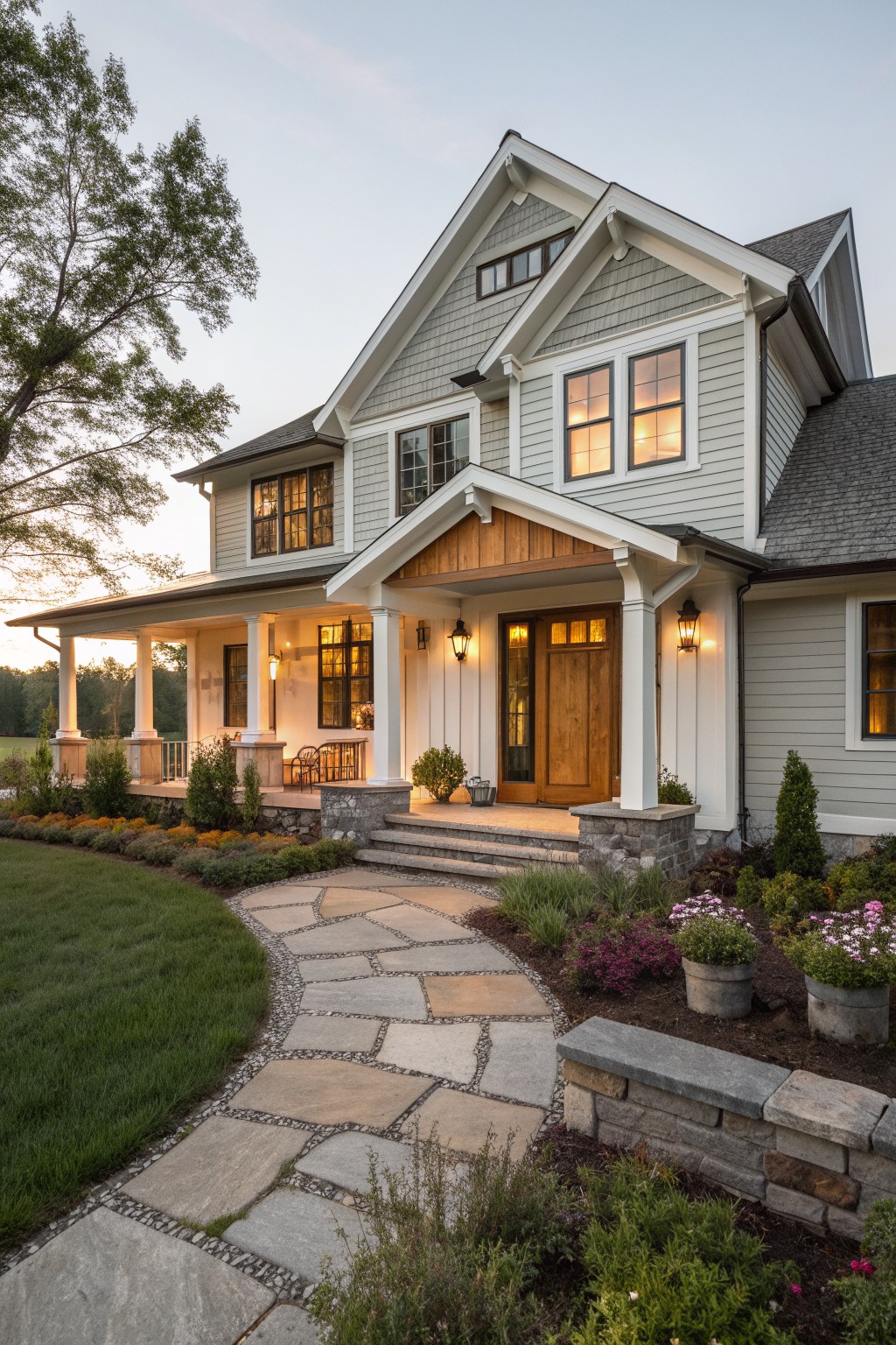 Large gray house with white trim, wooden door, stone path, and lit windows at dusk.
