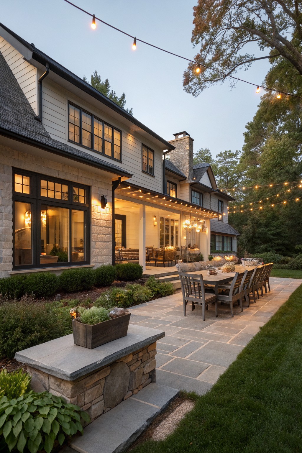 A large stone patio next to a two-story farmhouse holds a long wooden dining table with chairs, string lights overhead, and landscaping along the edges.