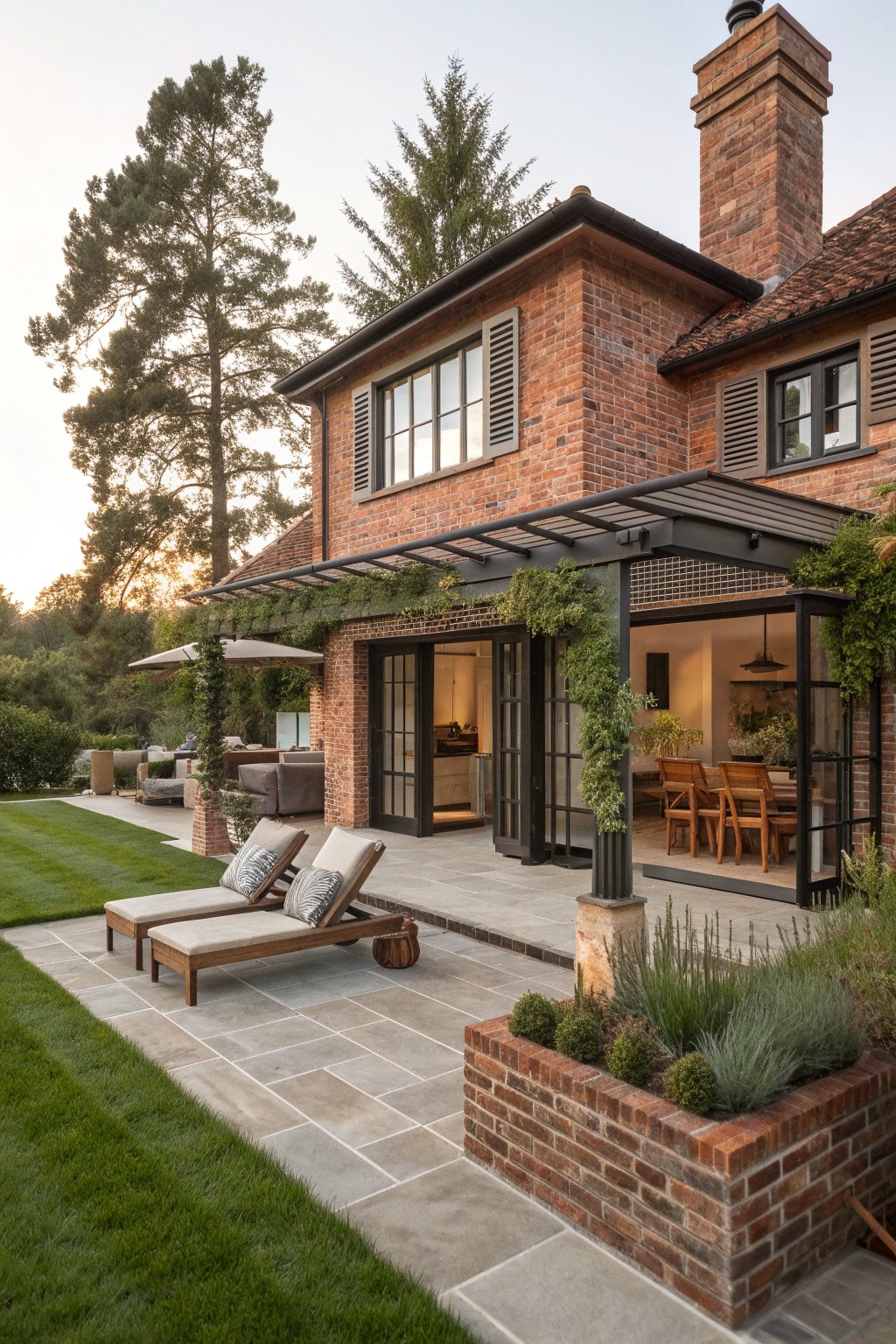 Brick house exterior with a stone patio, wooden lounge chairs, and a pergola-covered dining area opening through large glass doors.