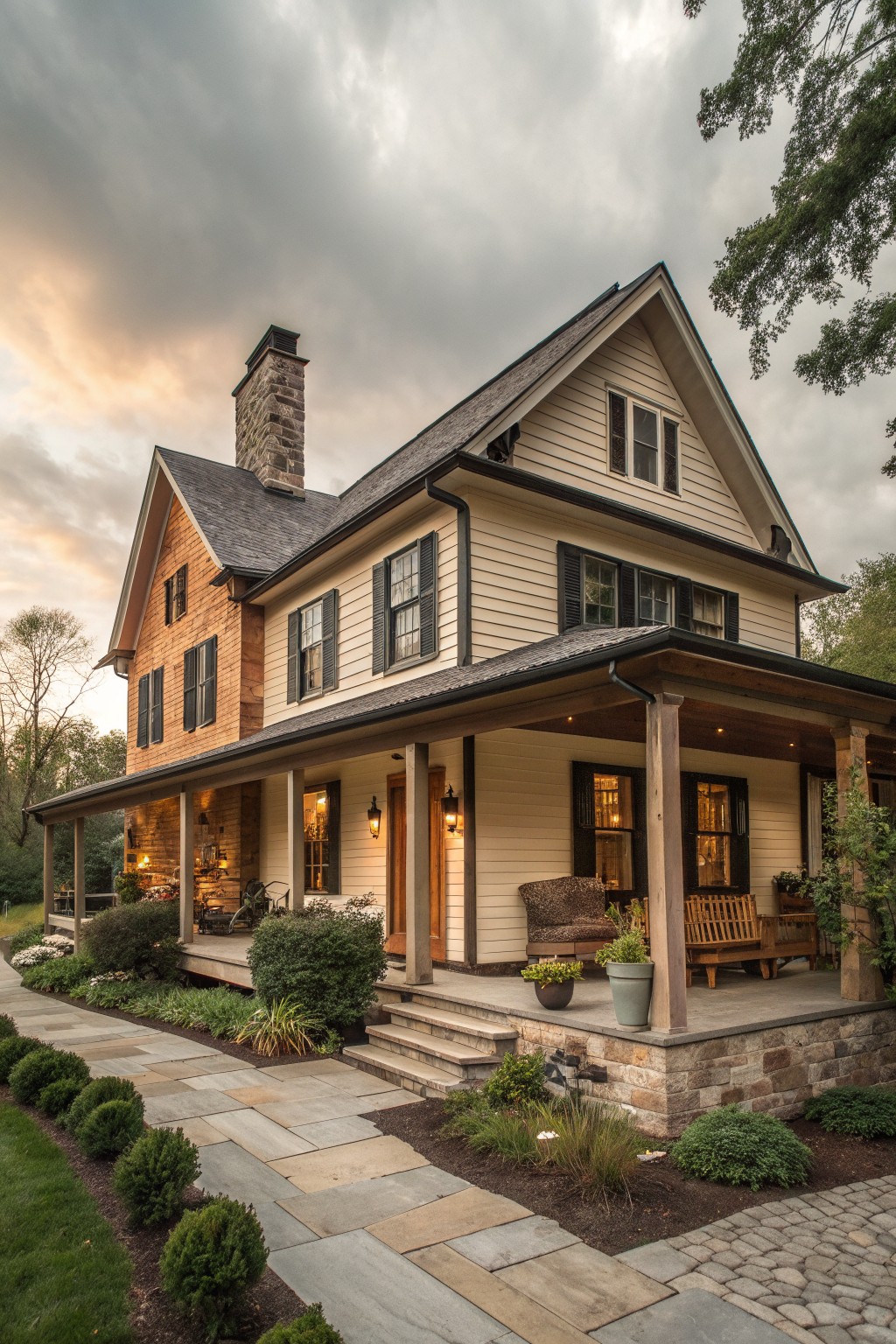 A two-story farmhouse with cream horizontal siding, dark shutters, a large stone chimney, and a covered porch with stone foundation and steps, set on a landscaped lot with a stone pathway.