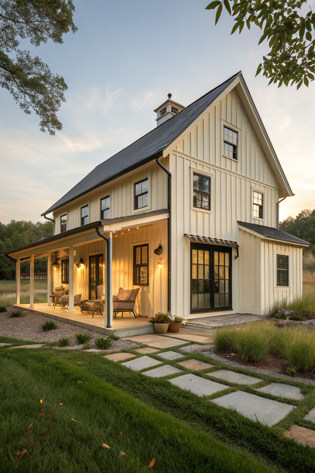 A two-story white farmhouse with black trim, a wide covered porch, and a stone pathway through the front lawn.