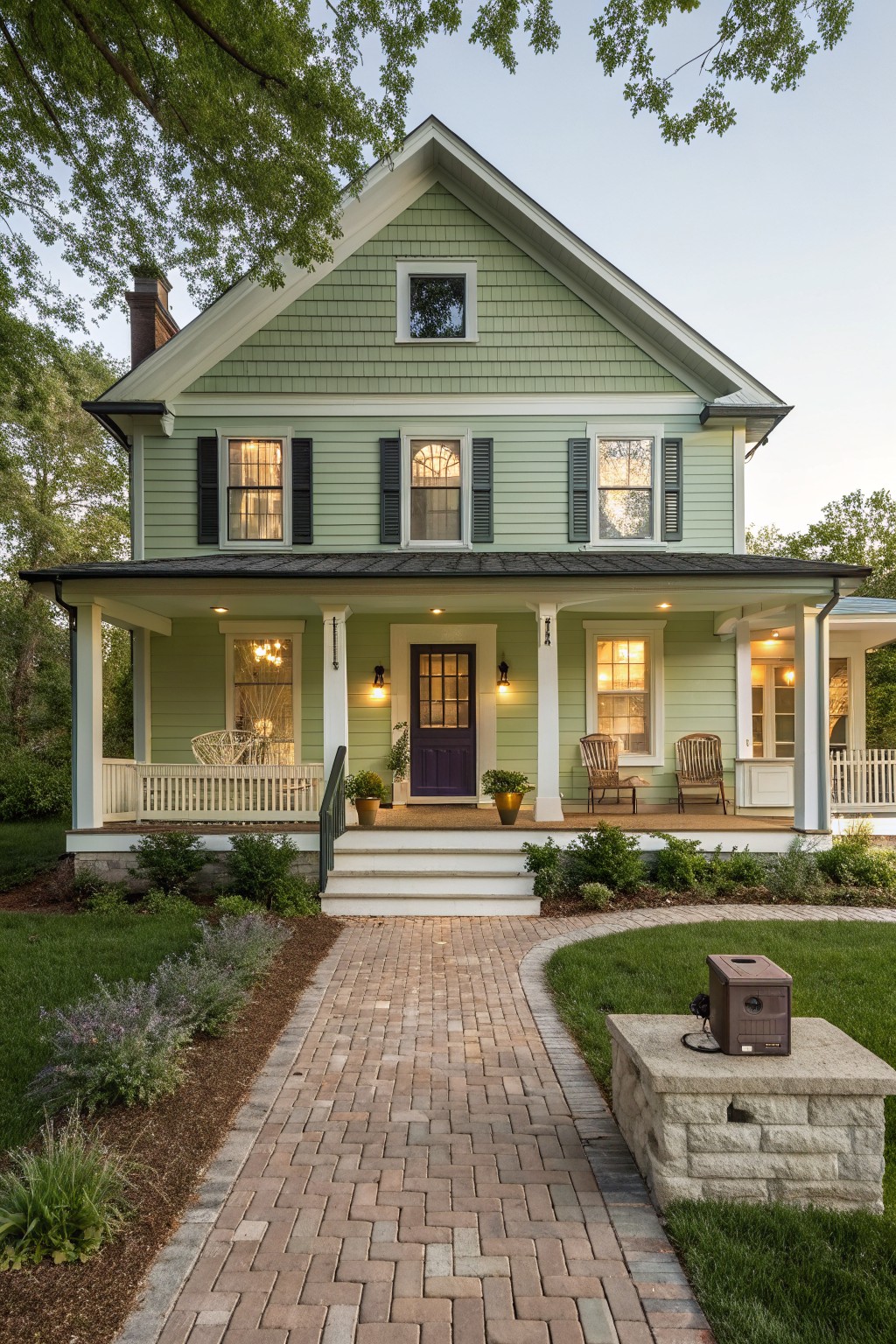A two-story light green farmhouse with black shutters, a purple front door centered on a white porch, and a brick walkway leading to the steps.