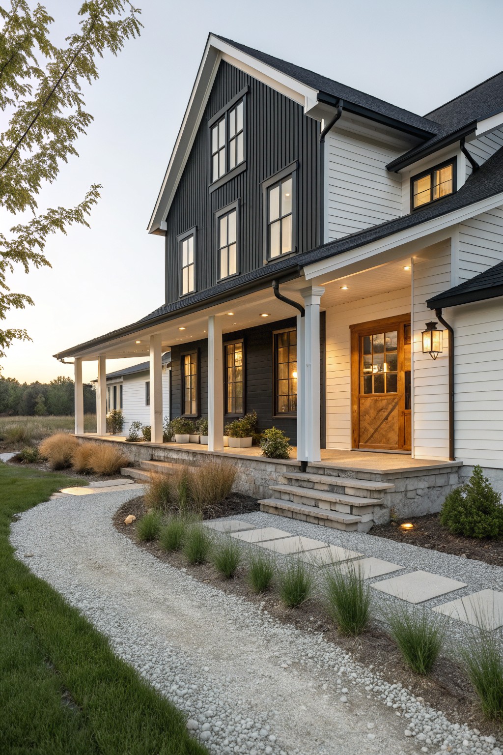 A two-story farmhouse exterior with dark vertical board and batten siding on the upper gable sections and white horizontal siding on the lower walls, featuring a covered front porch with white columns and a wooden entry door.