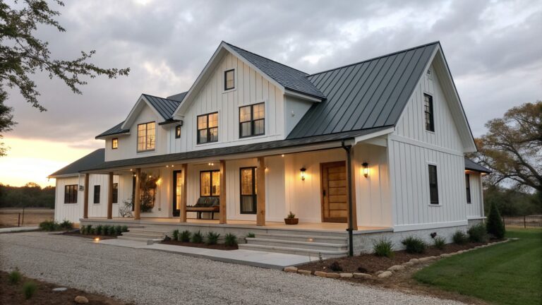 22 Beautiful Rustic Modern Farmhouse Exteriors That Keep Plenty of Country Character A two-story white farmhouse exterior with vertical siding, a covered wooden porch, black metal roof sections, and a centered wooden front door.