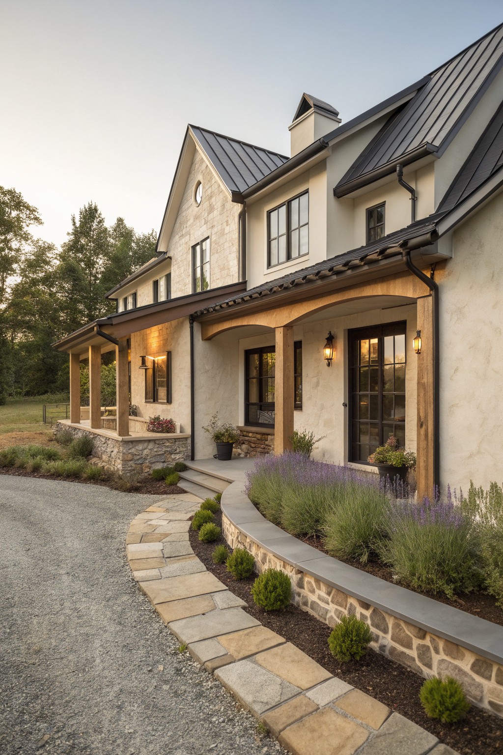 A modern farmhouse exterior featuring stone accents on the walls and foundation, a curved stone retaining wall edging garden beds with lavender and shrubs, a stone pathway leading to the entrance, and a dark metal roof with wood porch supports.