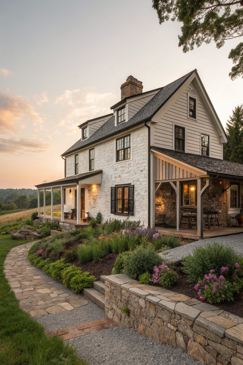 A two-story white farmhouse with stone accents, dark shingle roof, covered porches, and a stone pathway leading through landscaped beds.