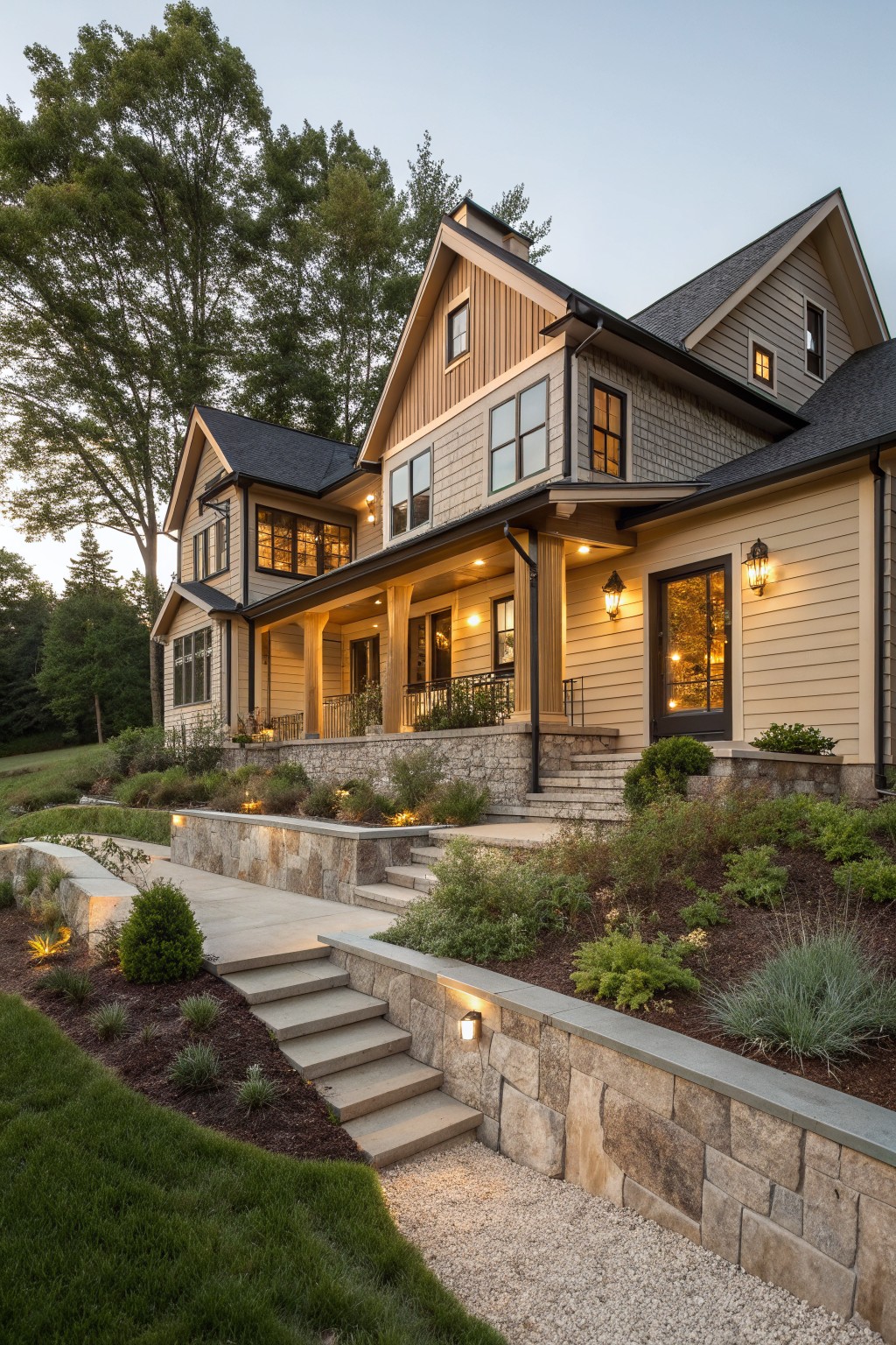 A two-story farmhouse with mixed beige horizontal siding, gray shingles on upper sections, vertical wood accents, a stone foundation, covered porch, and landscaped stone retaining walls.
