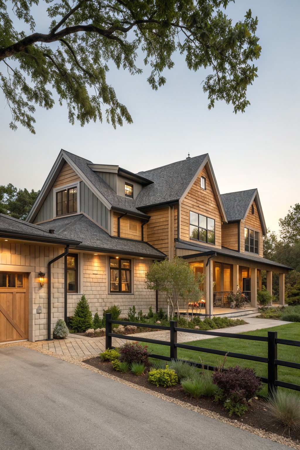 A large two-story modern farmhouse exterior featuring mixed light wood siding and stone veneer, multiple gabled roofs with dark shingles, a covered porch, and landscaping with a black fence along the front.