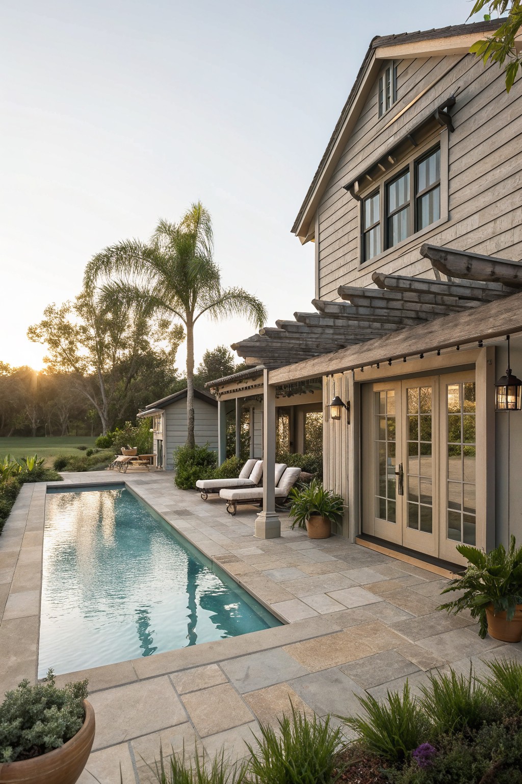 A gray wood farmhouse exterior with a rectangular pool, stone patio, wooden pergola, lounge chairs, and glass doors opening to the outdoors.