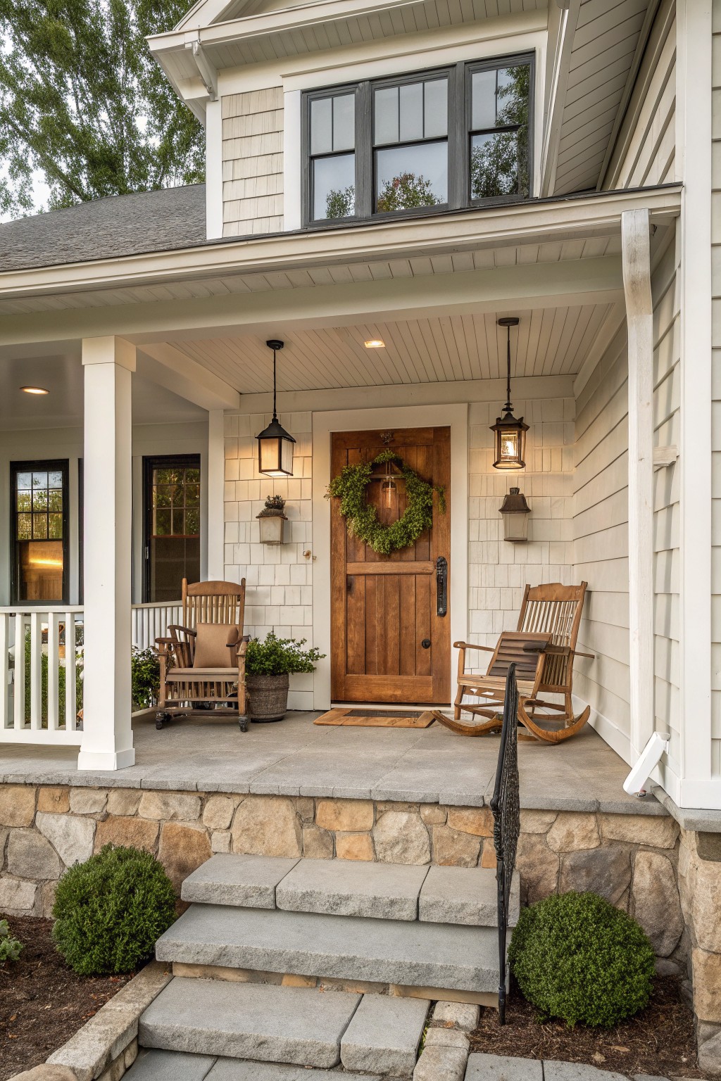 Front view of a white farmhouse with a covered porch, stone foundation, centered wooden door with wreath, two wooden rocking chairs, and hanging lanterns.