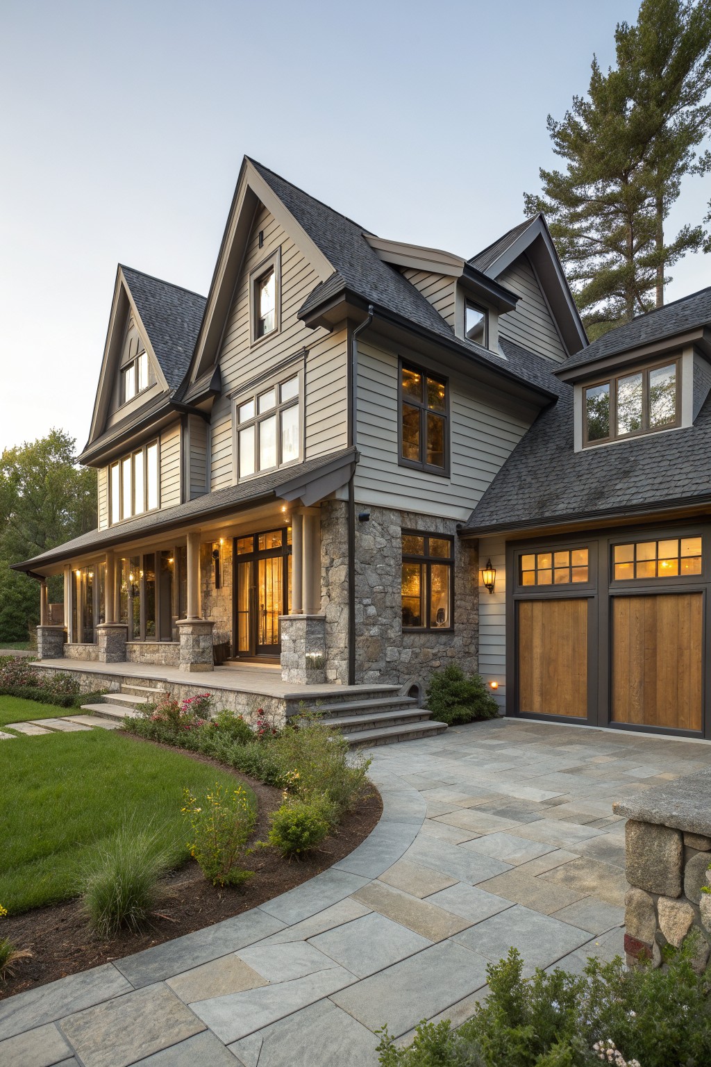 Spacious two-story house with gray siding, stone porch, gabled roof, and wooden garage.