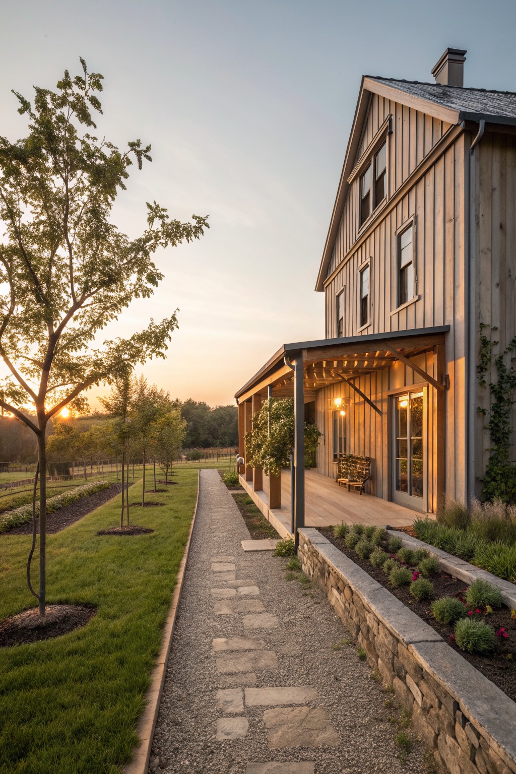 Modern wooden farmhouse with illuminated porch beside gravel path and garden beds at sunset
