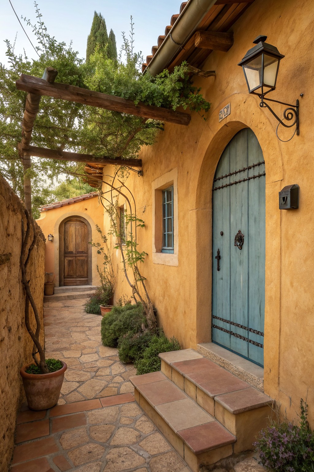 A stucco house exterior with a light blue arched wooden door, stone steps, and a vine-covered wooden pergola over a stone path.