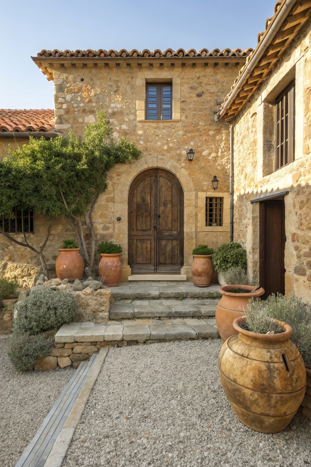 A stone farmhouse exterior features a large arched wooden double door entrance with terracotta pots on stone steps and gravel courtyard.