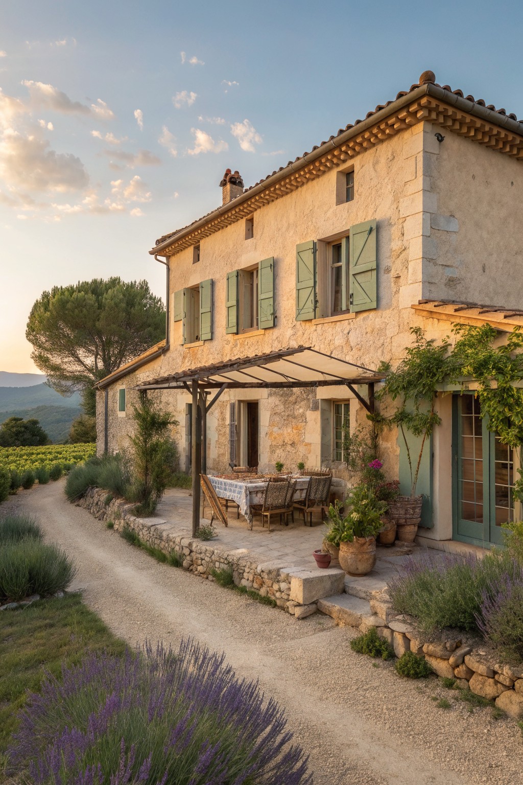A rustic stone farmhouse exterior with green shutters features a covered patio with a dining table, chairs, and potted plants next to a gravel path and lavender beds.
