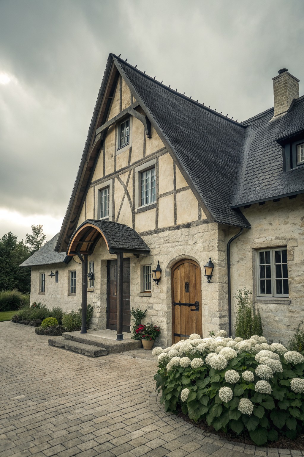 Tudor-style stone house with timber framing, dark roof, and white hydrangeas.