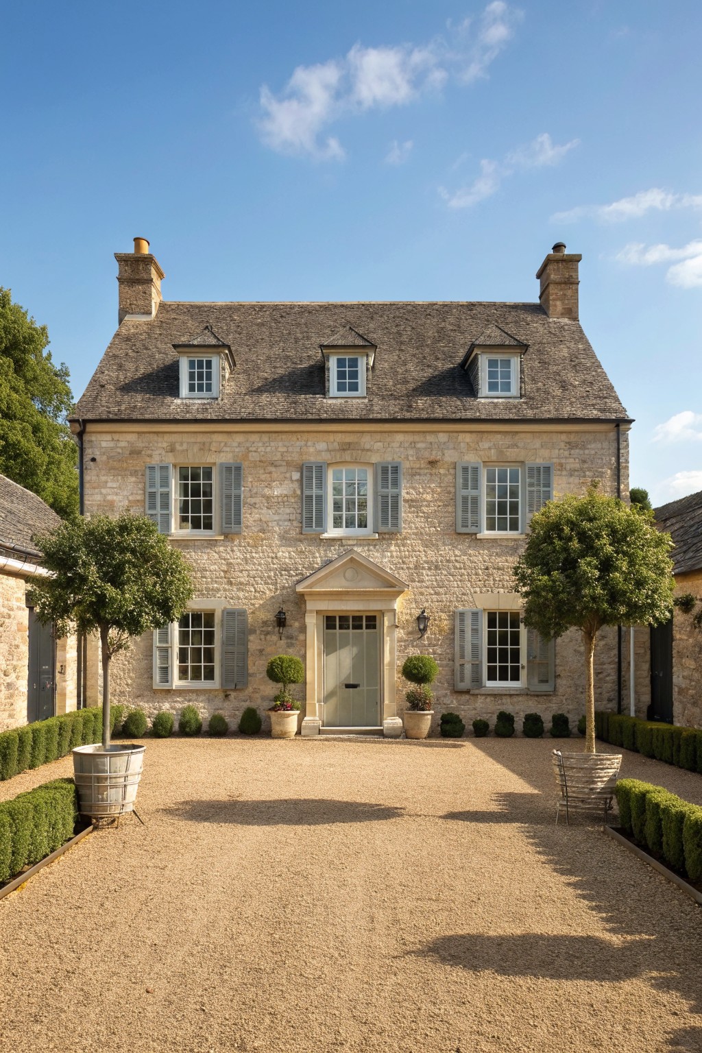A two-story stone farmhouse with a gravel courtyard, symmetrical windows with gray shutters, dormers, and a central door under a triangular pediment.