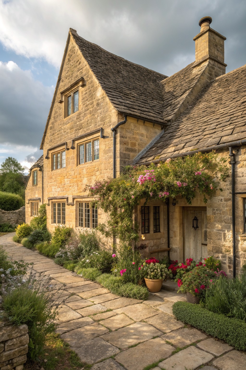 A stone farmhouse with a steep roof, chimney, and multiple windows, covered in dense climbing pink flowers around the entrance and along the walls, with a stone pathway in front.