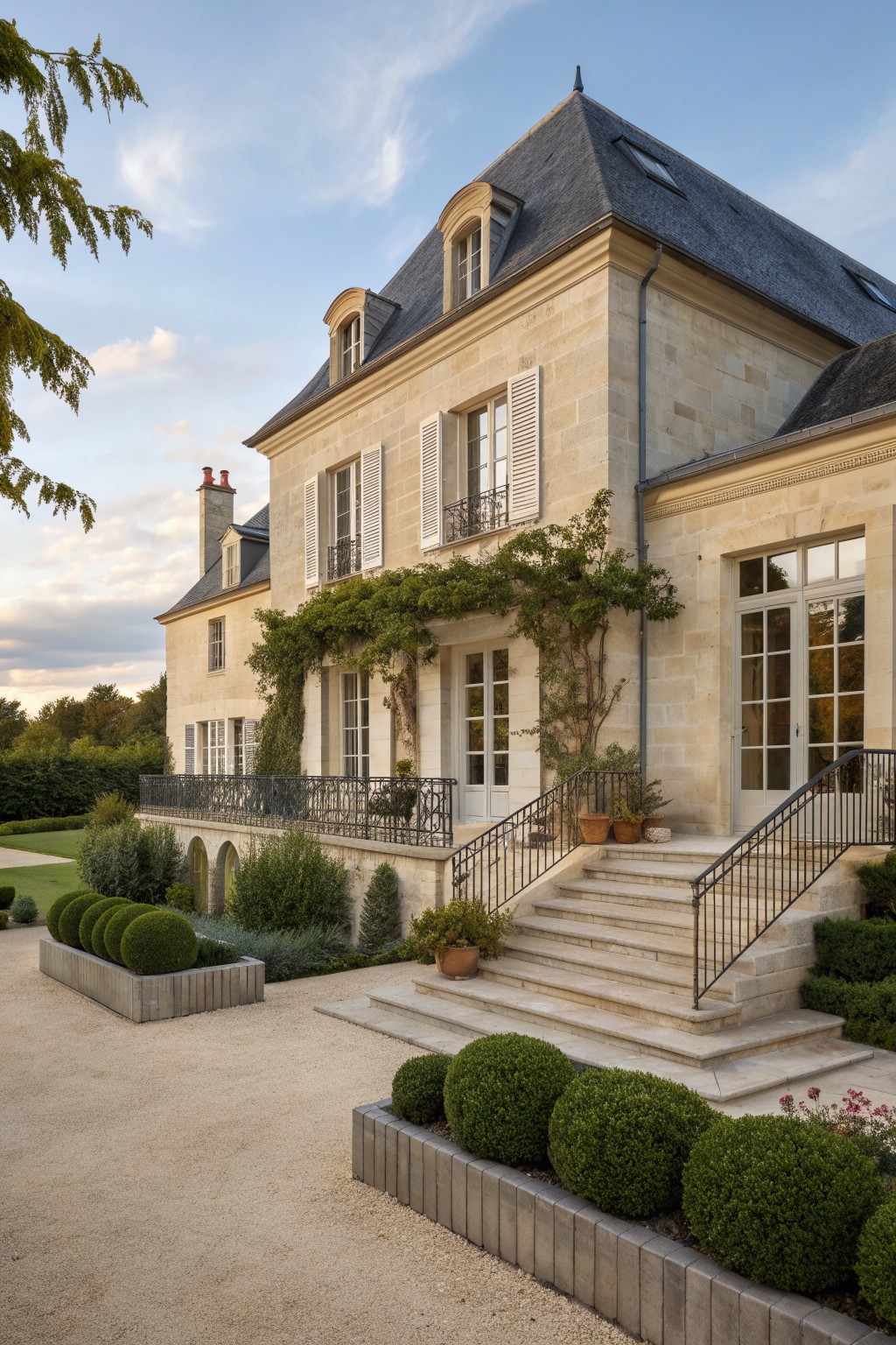 Elegant stone mansion with ivy-covered facade, steep slate roof, staircase, and manicured gardens.